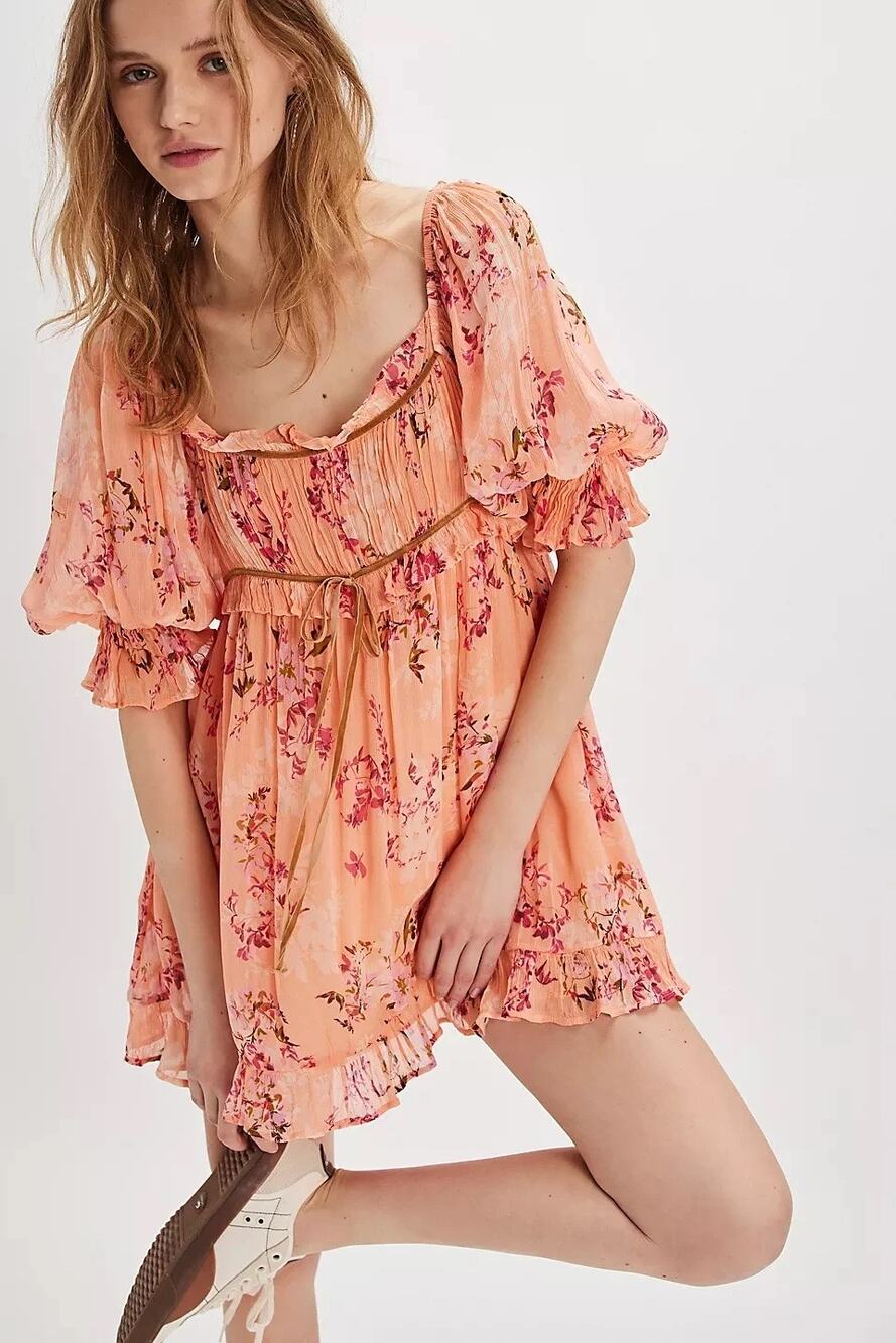 NWT Free People $148 Marney Mini Dress Peach Combo Floral Velvet Ribbon Babydoll